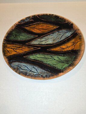 Plate Enameled Copper 9" MCM Black Copper Rust Leaves Signed